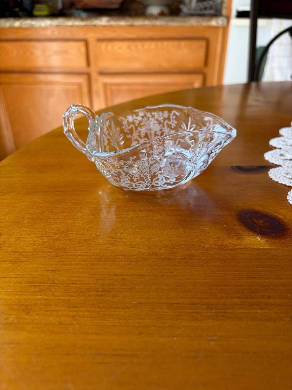 Vintage Fostoria Chintz Etched Glass Single Handle Candy Trinket Dish Bowl
